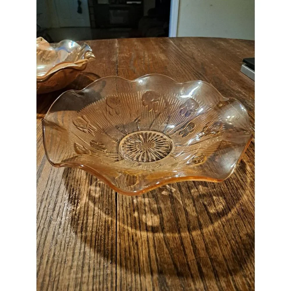 Vintage Jeanette Iris Herringbone Marigold Carnival Glass Ruffled Serving Bowl